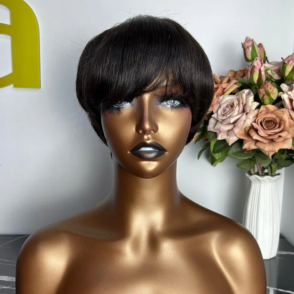 Short Pixie Cut Wig Human Hair | Machine Made Wig with Bangs | Brazilian Remy Hair | Pixie Wig for Black Women
