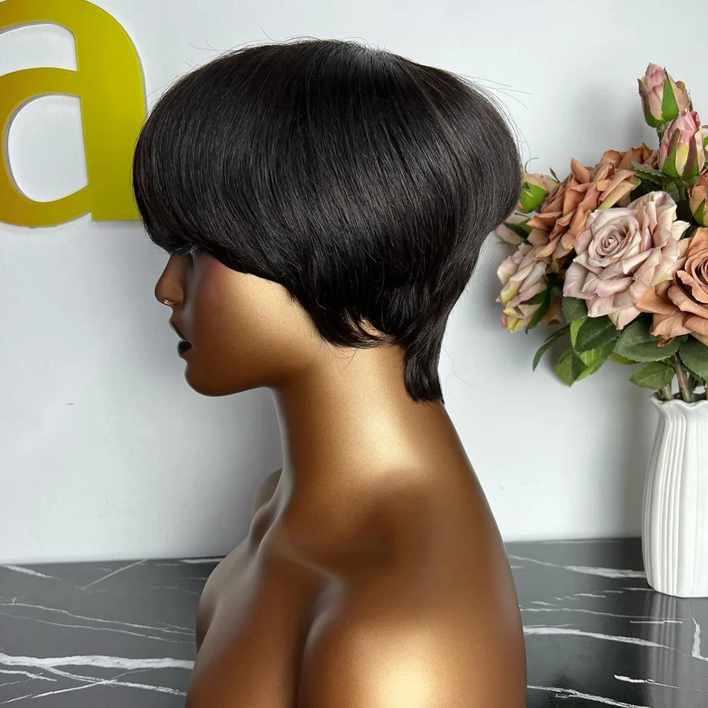 Short Pixie Cut Wig Human Hair | Machine Made Wig with Bangs | Brazilian Remy Hair | Pixie Wig for Black Women