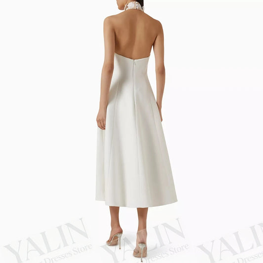 Floral Draped A-Line Evening Gown | High-Neck Sleeveless Tea-Length Prom Dress - view 2