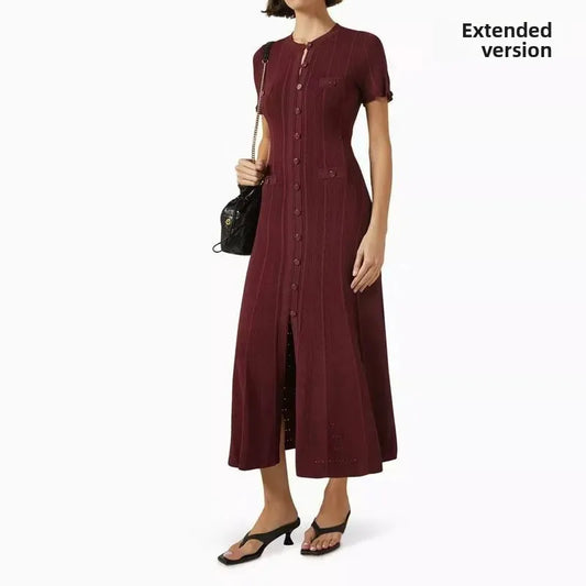 Round Neck Short Sleeve Hollow-Out Wooden Edge Knit Cotton Ankle-Length Maxi Dress | French - view 2