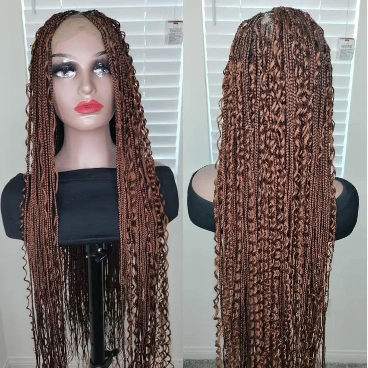 Bohemian Knotless Braids Full Lace Wig - 28"-30" Curly Braided Wig for Black Women (Natural Black)