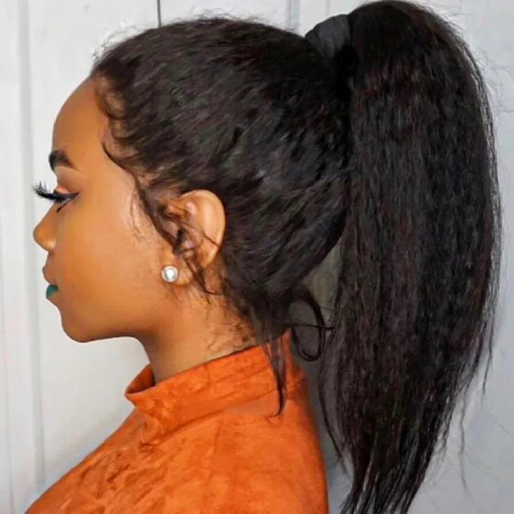 Kinky Straight 360 HD Lace Frontal Wig | Yaki Straight Ponytail Human Hair Wig for Black Women (Transparent Lace, Clearance Sale) Luxegan