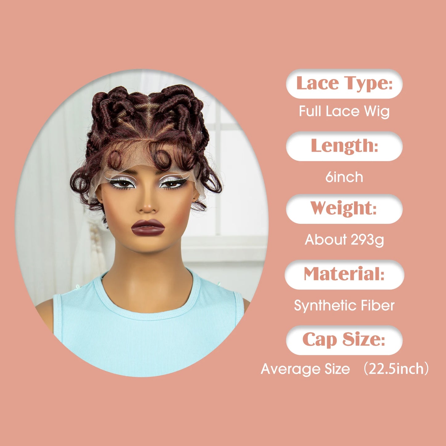 Burgundy Full Lace Synthetic Braided Wig | Knotless Box Braids & Bantu Knots | Lace Front Wig with Baby Hair for Black Women - Luxegan