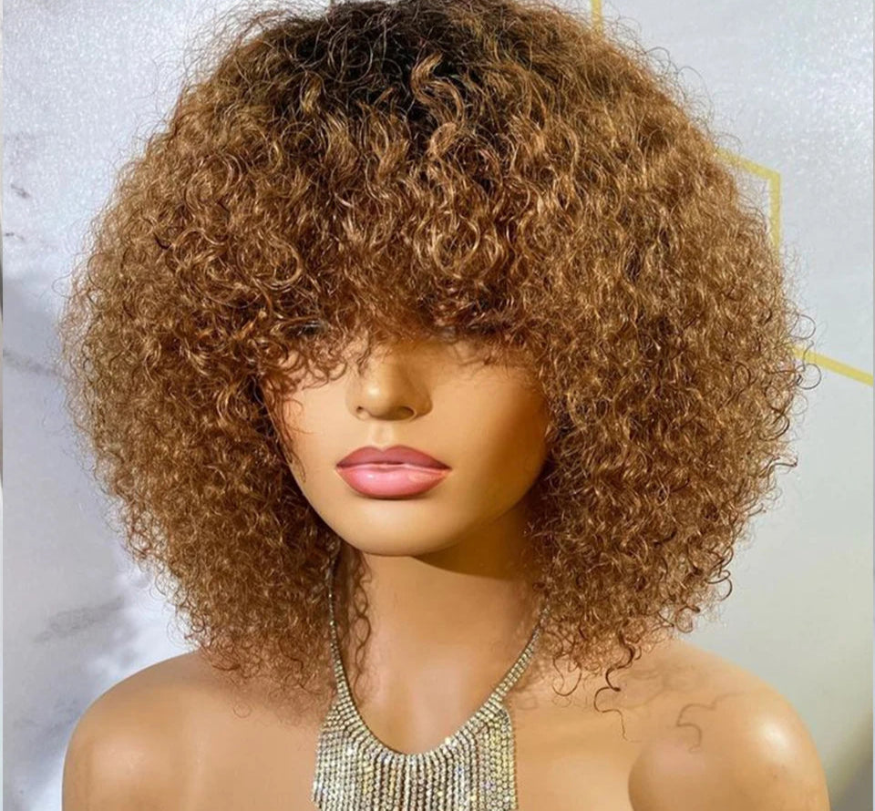 Rebecca Ombre Brown Curly Wig with Bangs | Loose Deep Wavy Brazilian Remy Human Hair Luxegan