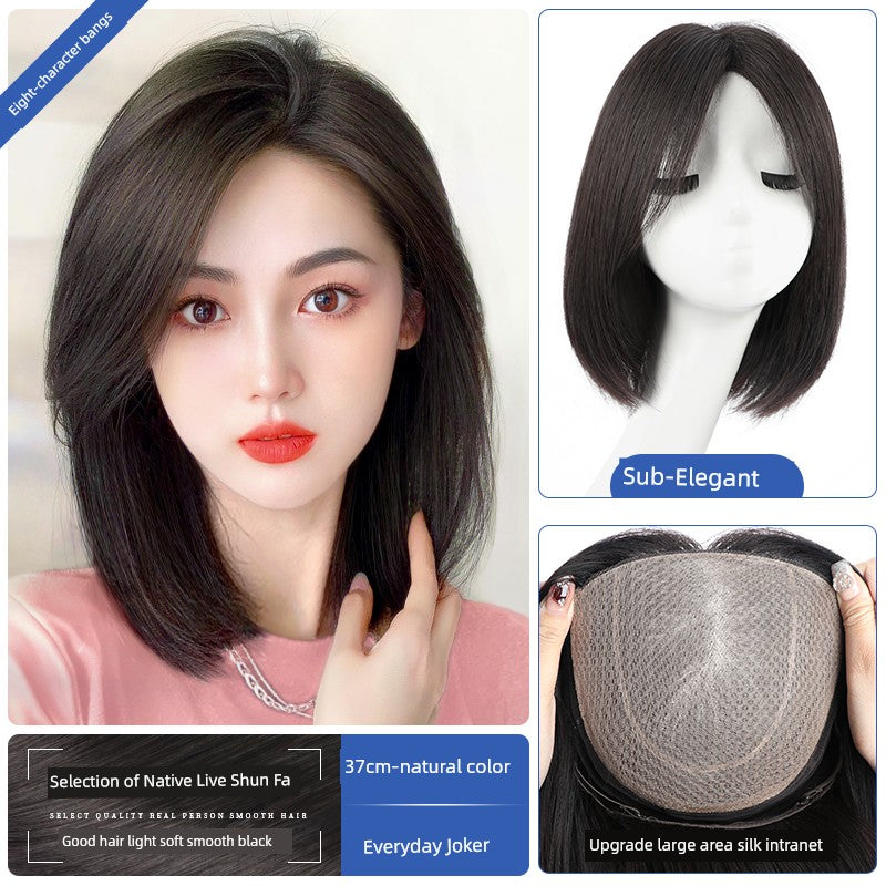 Natural Full-Head Human Hair Wig | Classy Collarbone Length Short Straight Wig with Oblique Bangs for Women (Sweet & Lovely, Elegant Style) Luxegan