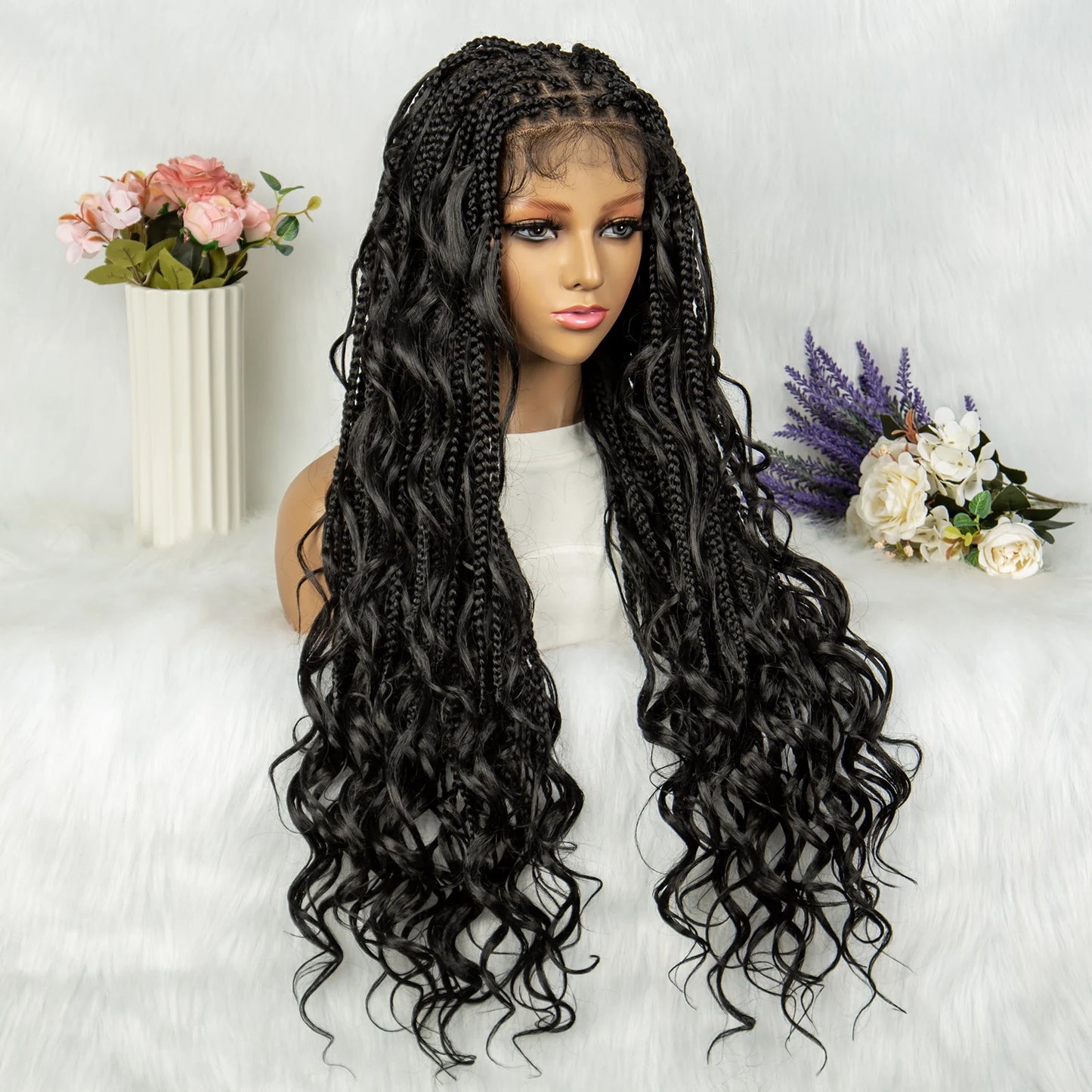 34" Full Lace Knotless Braided Wig with Baby Hair | Synthetic Lace Front Wig for Black Women | Long Braids Luxegan