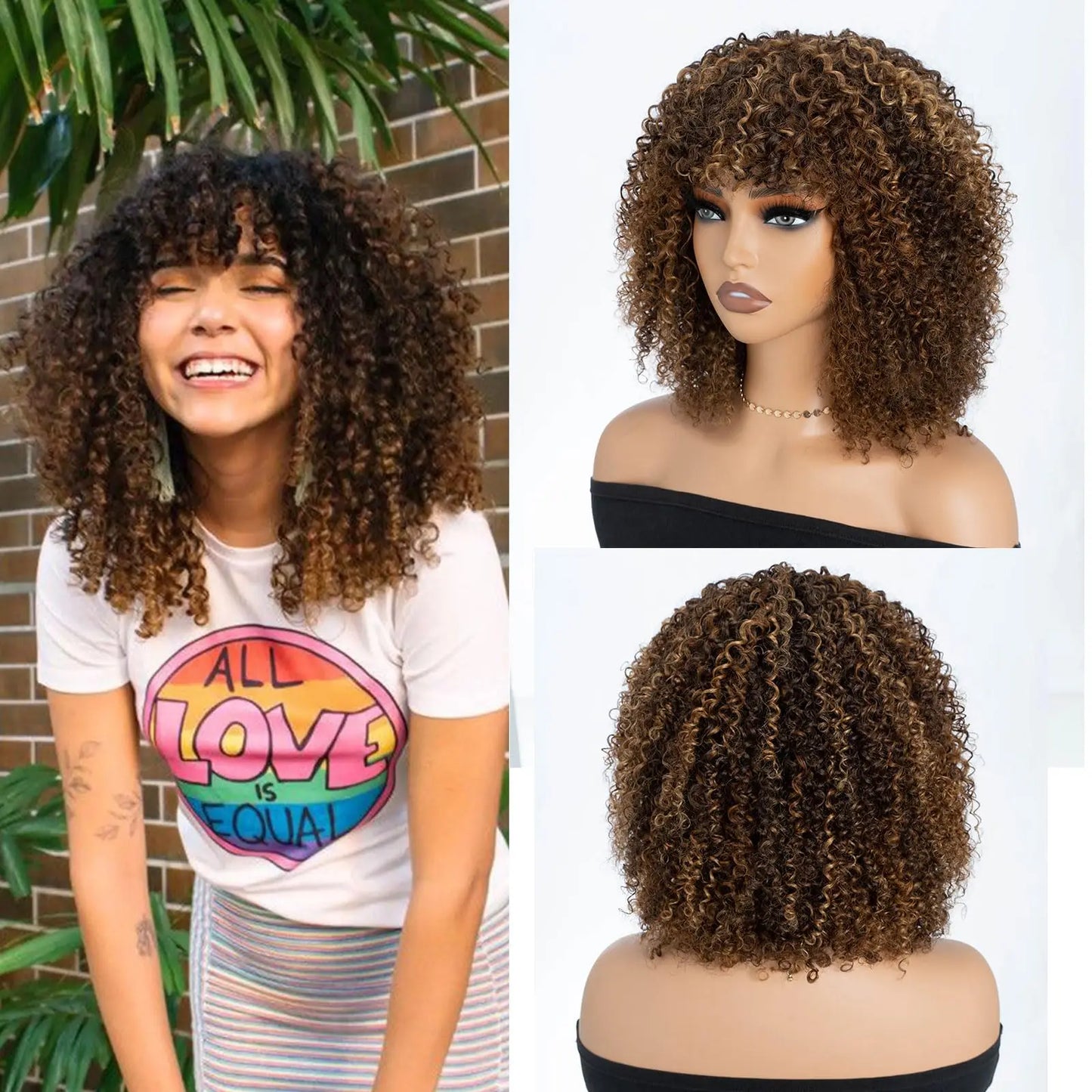 250% Density Blonde Highlight Sassy Curly Wig with Bangs | Glueless Brazilian Afro Kinky Remy Human Hair Luxegan