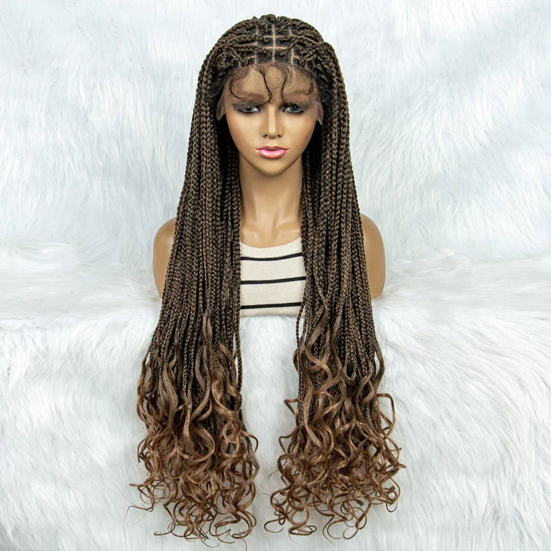 36 Inch Synthetic Braided Wigs Knotless Boho Braided Lace Wigs with Curly Ends Lace Front Braiding Hair Wig for Black Women Luxegan
