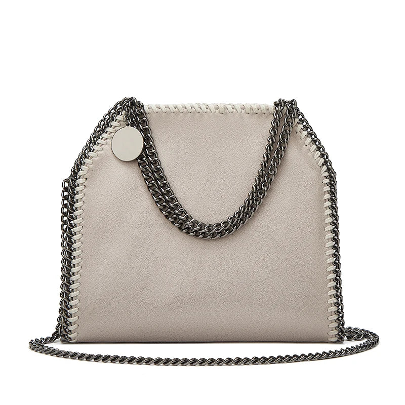 Designer Luxury Women's Chain Braid Bag | Faux Suede Shoulder & Messenger Bag | Elegant Branded Saddle Handbag with Braided Metal Chain Detail Luxegan