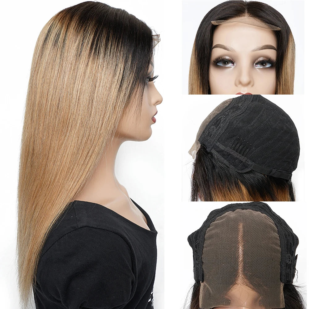 Ombre Honey Blonde & 1B/30 Straight 4x4 Lace Closure Wig | 150% Density Middle Part Remy Human Hair Luxegan