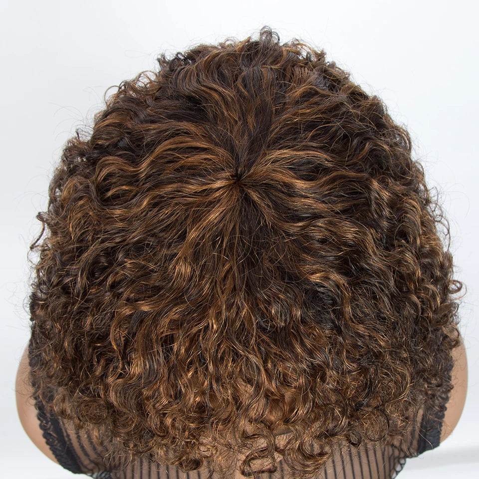 Highlight Honey Blonde Jerry Curly Bob Wig with Bangs | Non-Lace Front Human Hair Luxegan