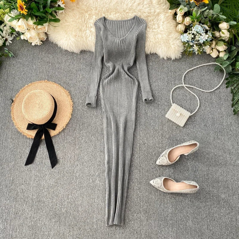 New Autumn V-Neck Knitted Dress | Sophisticated Slim Elastic Bodycon Sweater Gown | Elegant "Full Sleeve" Silhouette | "Dignified" High-Stretch Warm Long Dress for Radiant Versatile Autumn & Winter Styling Luxegan