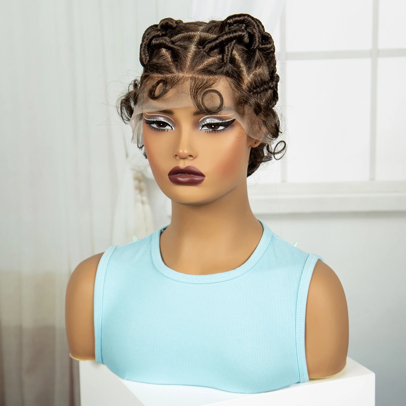 Burgundy Full Lace Synthetic Braided Wig | Knotless Box Braids & Bantu Knots | Lace Front Wig with Baby Hair for Black Women