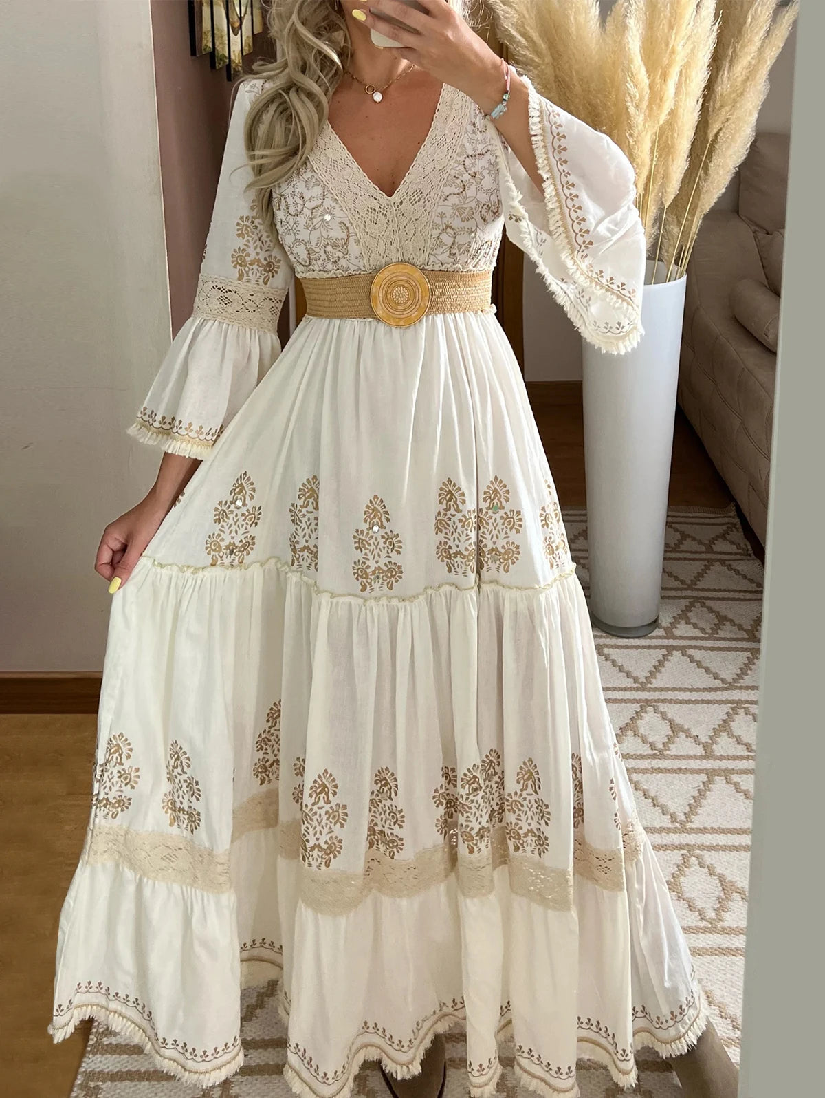 Women's Elegant Floral Print Fall Maxi Dress | Vintage V-Neck Lace Trim Holiday Dress | Classic Autumn Flare Sleeve Long Dress | Premium Tatting Slight Stretch A-Line Evening Luxegan