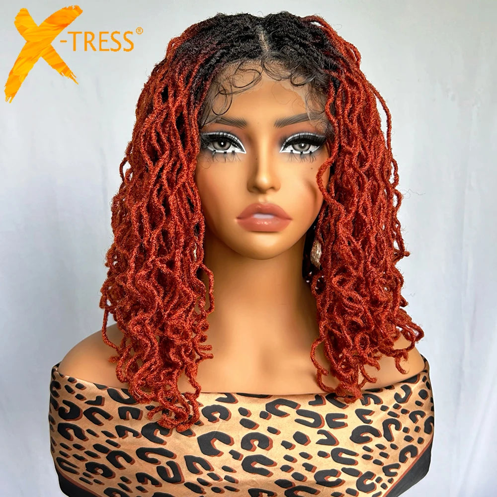 14" Copper Red Faux Locs Lace Front Wig | Short Twist Dreadlocks | Synthetic Braided Wig Luxegan