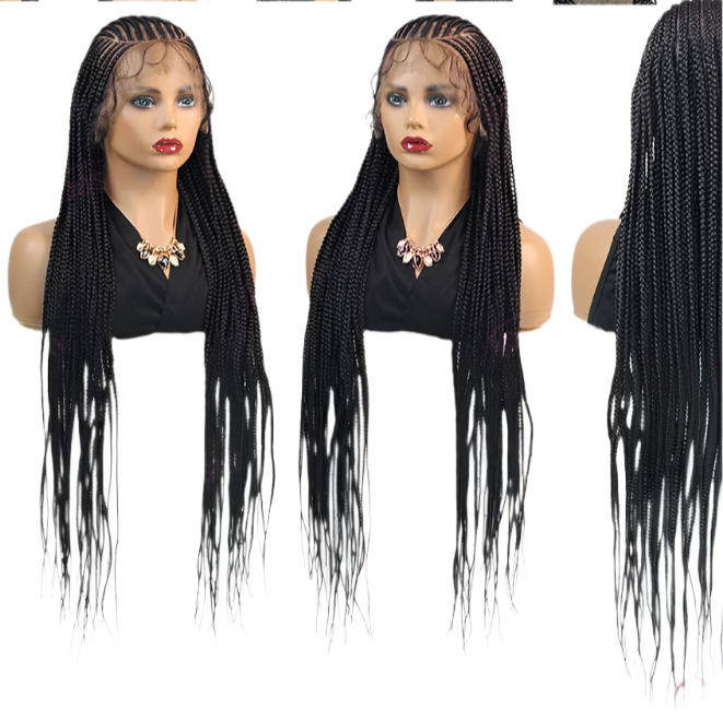 36" Cornrow & Knotless Box Braids Wig | Full Lace | Light Brown Lace | Synthetic Hair