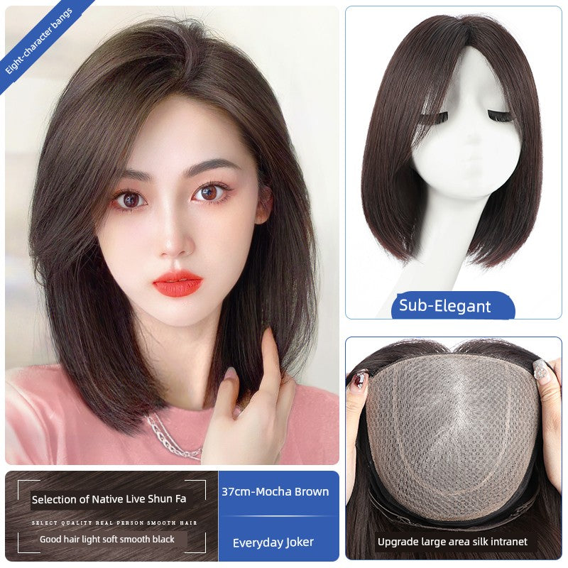 Natural Full-Head Human Hair Wig | Classy Collarbone Length Short Straight Wig with Oblique Bangs for Women (Sweet & Lovely, Elegant Style) Luxegan