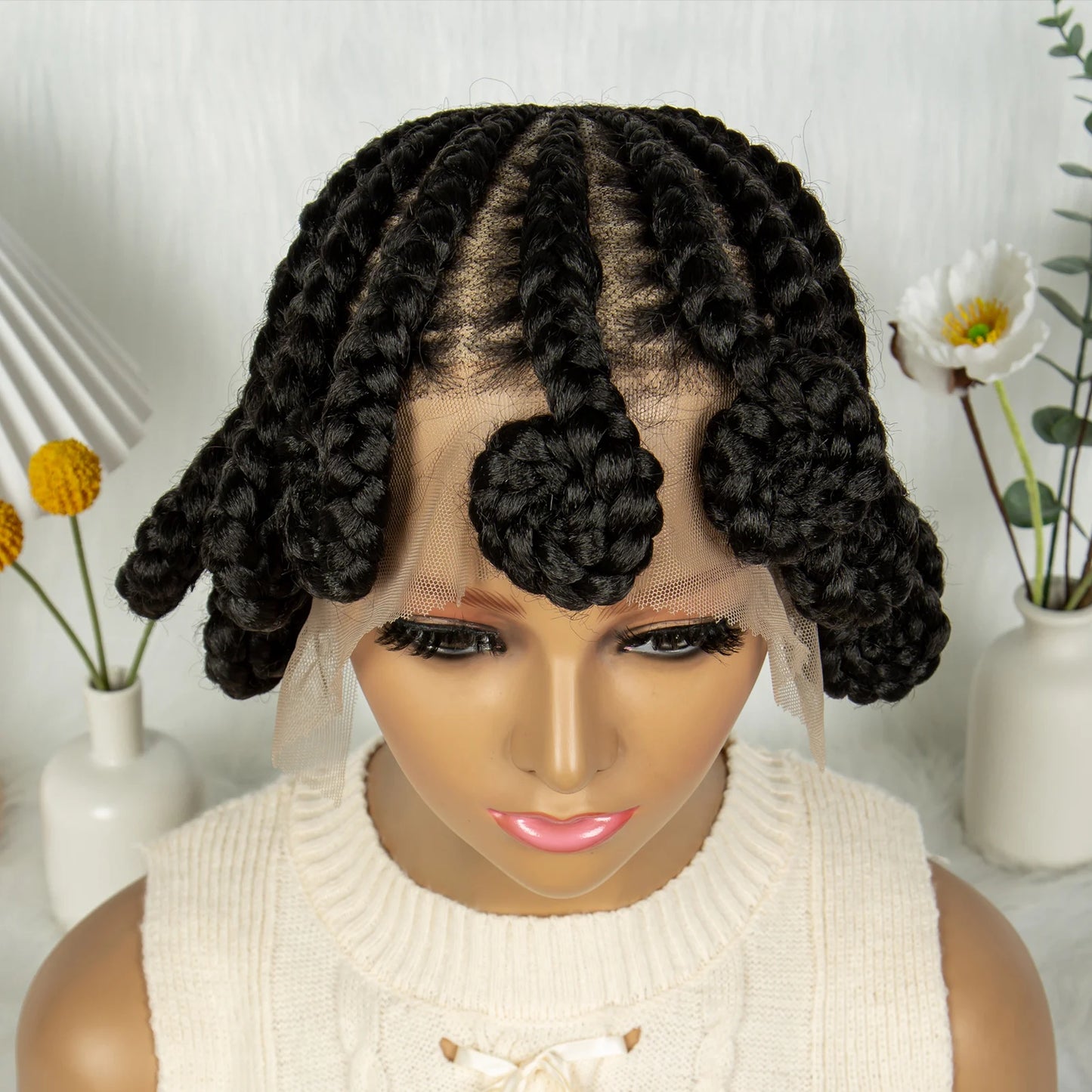 Short Bantu Knot Braided Wig | Full Lace | Synthetic Hair | Baby Hairs | Transparent Lace | Cute Braids Wig for Women