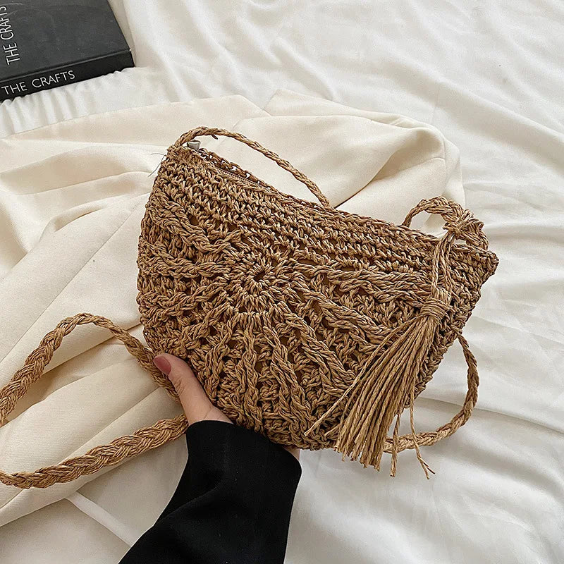 Fashion Semicircle Straw Woven Shoulder Bag | Sophisticated Handmade Rattan Crossbody | Elegant Ladies’ Summer Beach Handbag | Bohemian Saddle Bag with Tassel & Hollow-Out Design Luxegan
