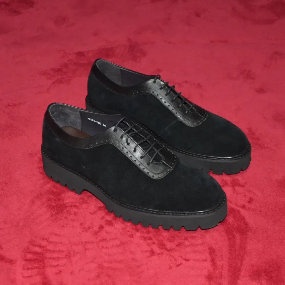 Designer Luxury Platform Oxfords for Men | Cow Suede Genuine Leather Black & Blue Casual Sneakers (Height Increasing) Luxegan