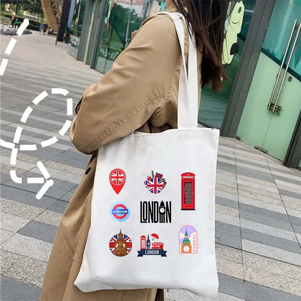 London Big Ben England Map Flag Canvas Tote Bag | UK City Landscape Skyline Shoulder Shopping Handbag (Women's Tourist Gift) Luxegan
