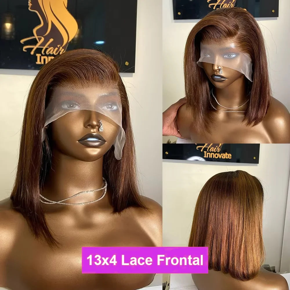 16-Inch Chocolate Brown Straight Bob Wig | Sophisticated 13x4 & 4x4 HD Transparent Lace | Elegant "Short Bob" Silhouette | "Dignified" Pre-Plucked Vietnamese Remy Human Hair for Radiant Versatile Styling Luxegan