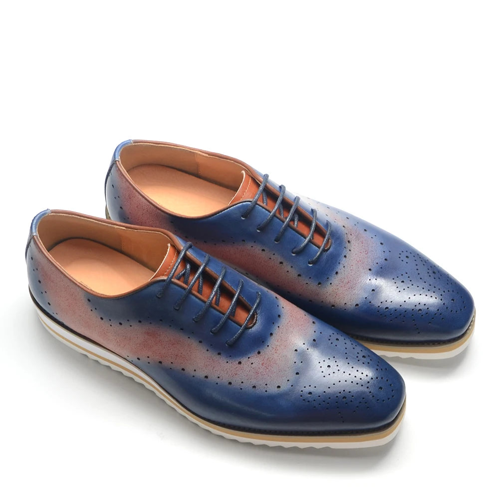 Luxury Men's Duotone Plain Toe Oxfords | Real Leather Wingtip Brogue Casual Dress Shoes (Height Increasing) Luxegan