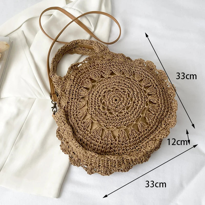 Summer Round Woven Straw Bag | Sophisticated Hollow-Out Handle Rattan Tote | Elegant Circular Beach Shoulder Bag | "Dignified" Soft Knitted Shopper for Versatile Vacation Styling Luxegan