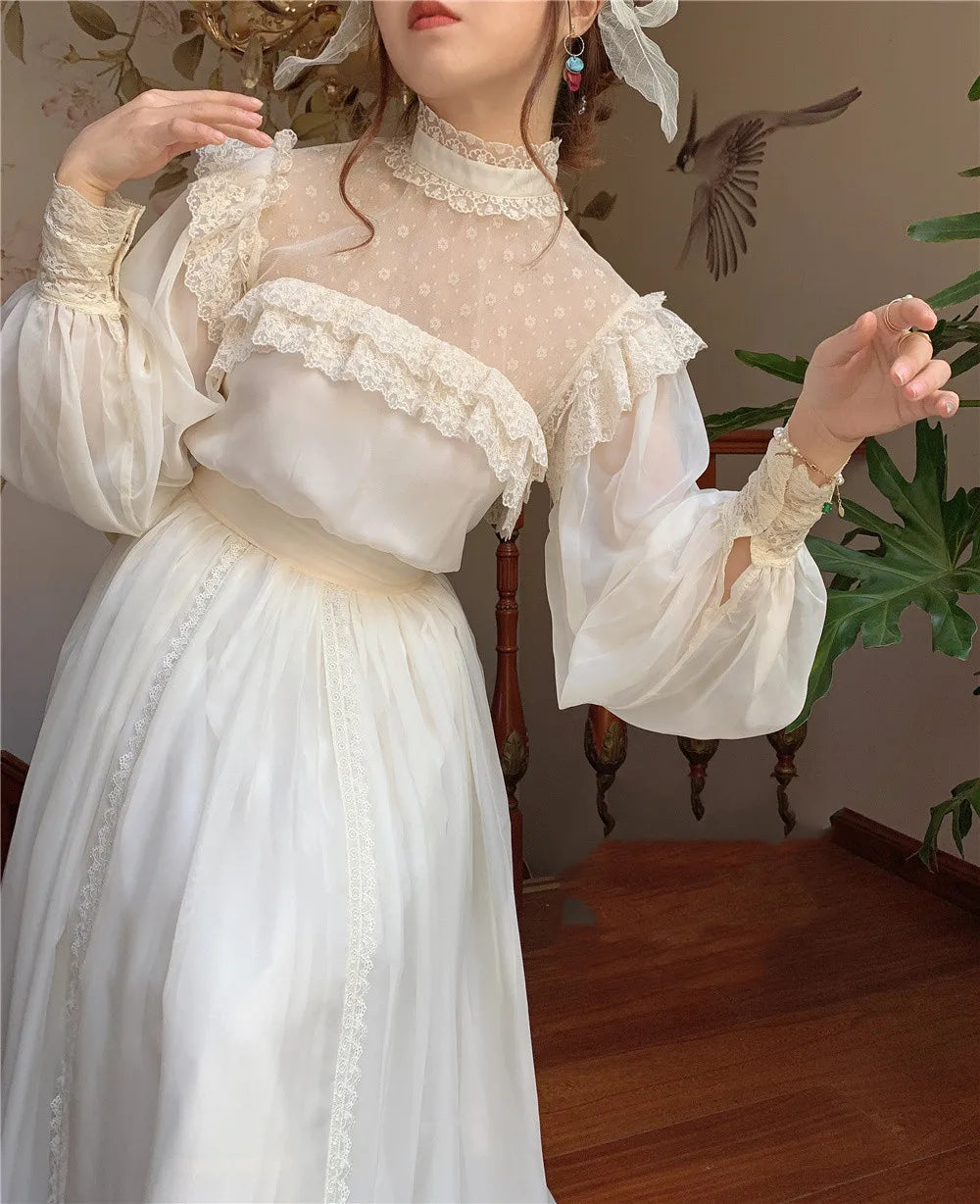 Women's Vintage Cottage Chiffon Gatsby Dress | Elegant Lace Lantern Sleeve Princess Dress | Chic Retro Beige Holiday Date Gown | Premium Tatting Slight Stretch Mid-Calf A-Line Robe Luxegan