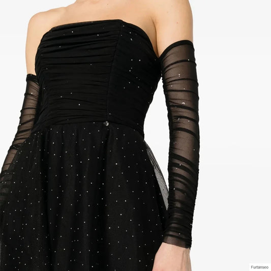 Crystal Draped A-Line Evening Gown | Strapless Full Sleeve Tea-Length Prom Dress - view 2
