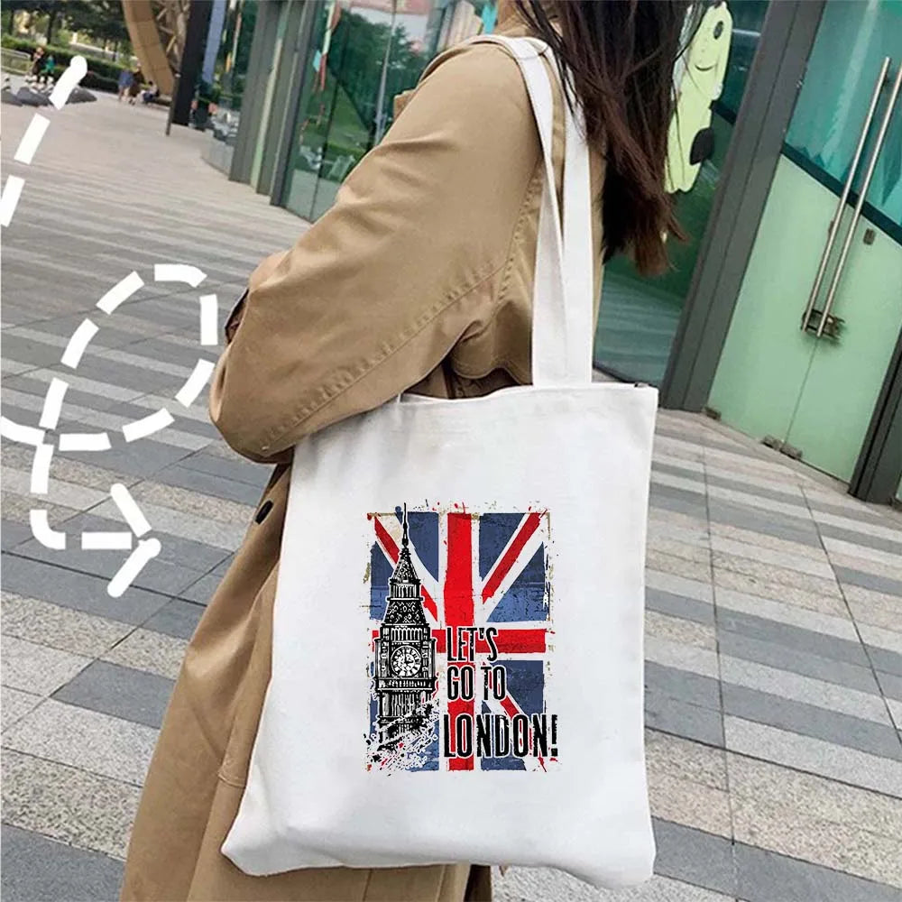 London Big Ben England Map Flag Canvas Tote Bag | UK City Landscape Skyline Shoulder Shopping Handbag (Women's Tourist Gift) Luxegan