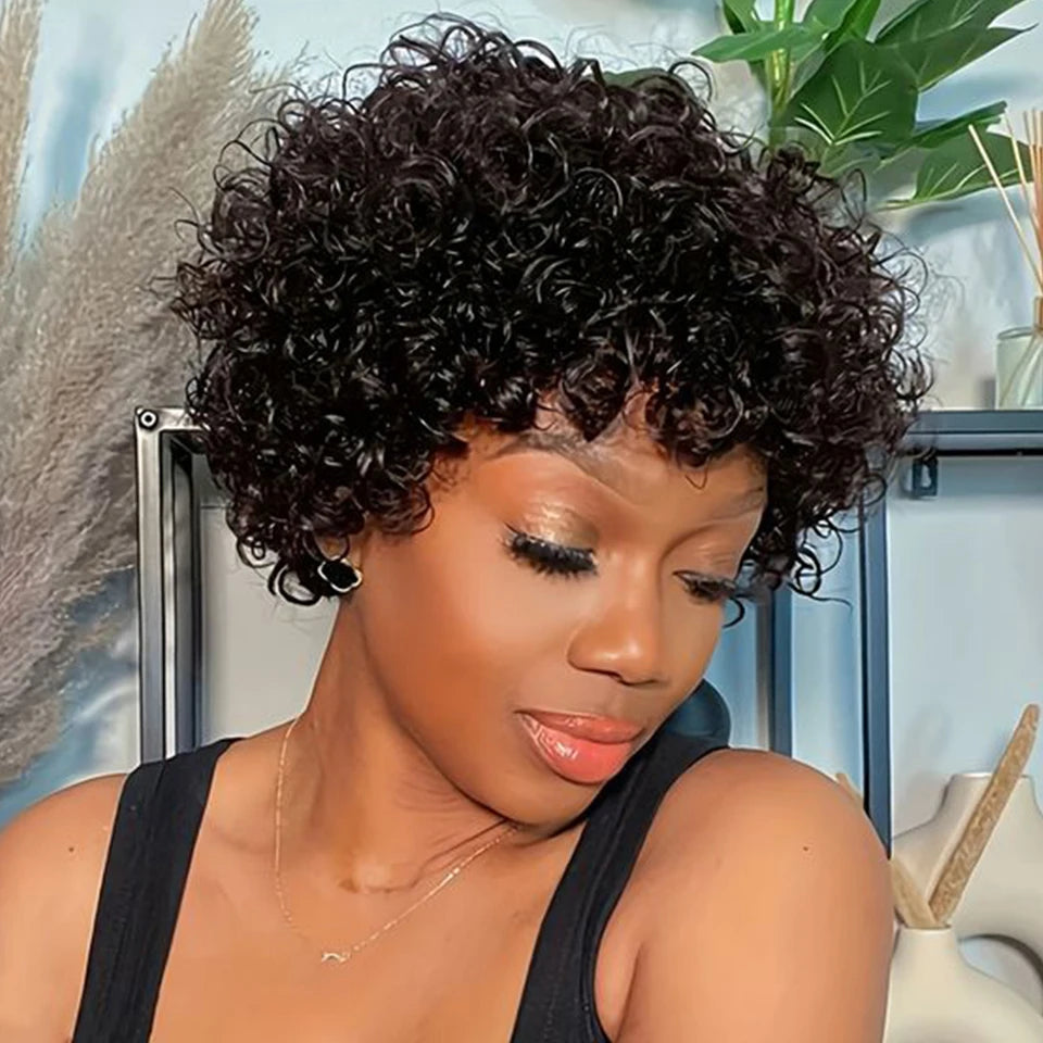 Sleek Peruvian Afro Kinky Curly Pixie Wig | Glueless Natural Brown Human Hair with Bangs Luxegan