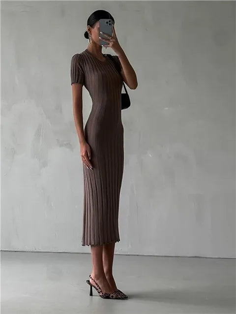 Summer Knitted Tight Maxi Dress | Sophisticated Medium Round Neck Silhouette | Elegant "High Waist" Commuter Long Skirt | "Dignified" Pure Color Knitwear for Radiant Versatile Styling Luxegan