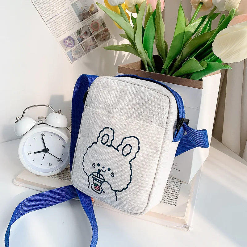 Cute Bear & Rabbit Print Crossbody Bag | Sophisticated Mini Canvas-Feel Square Purse | Elegant Cartoon Handbag for Women & Girls | Trendy Box-Shaped Shoulder Phone Bag with "Dignified" Soft Finish Luxegan