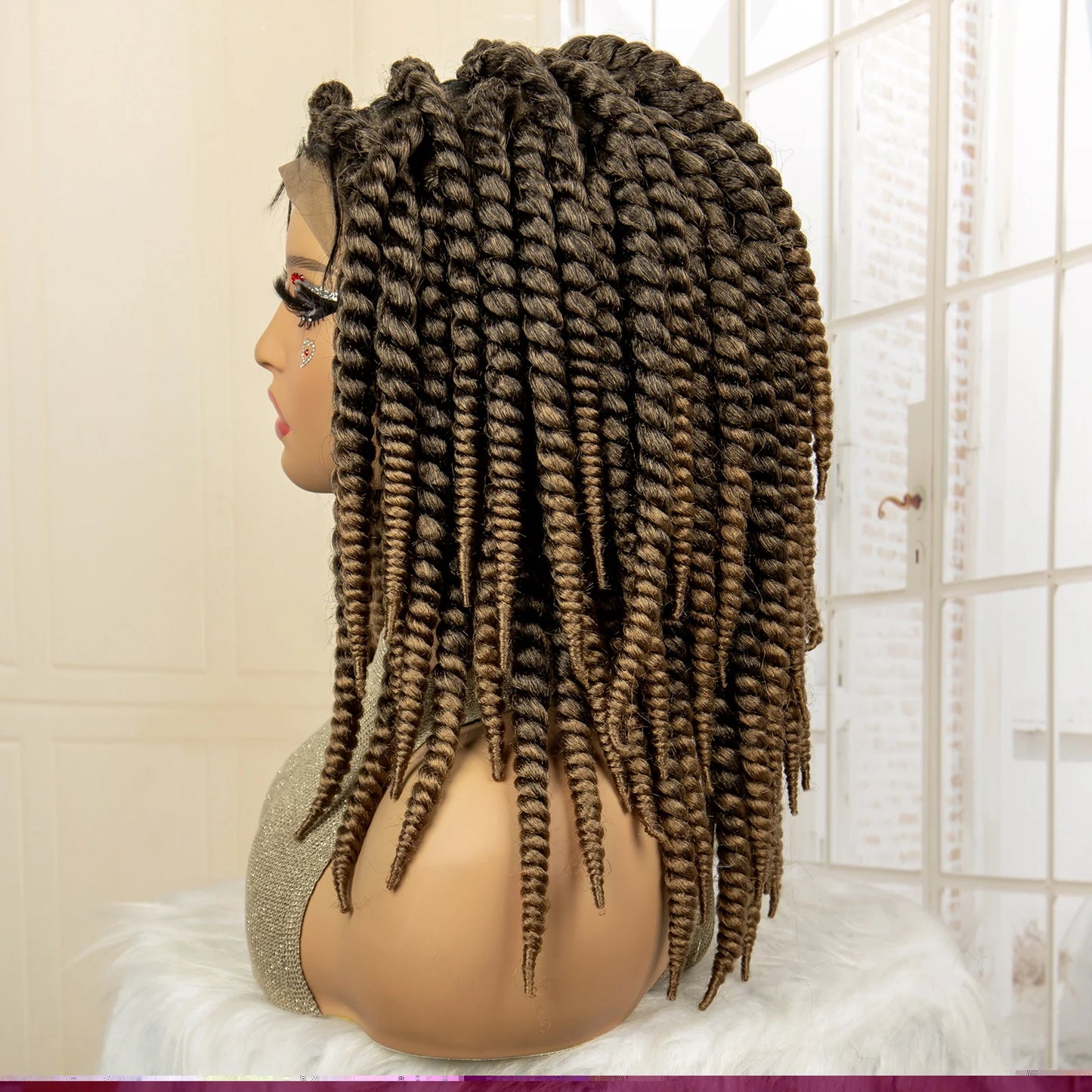 16 Inch Brown Twisted Braided Bob Wig | Full Lace | Kanekalon Fiber | For Black Women - Luxegan
