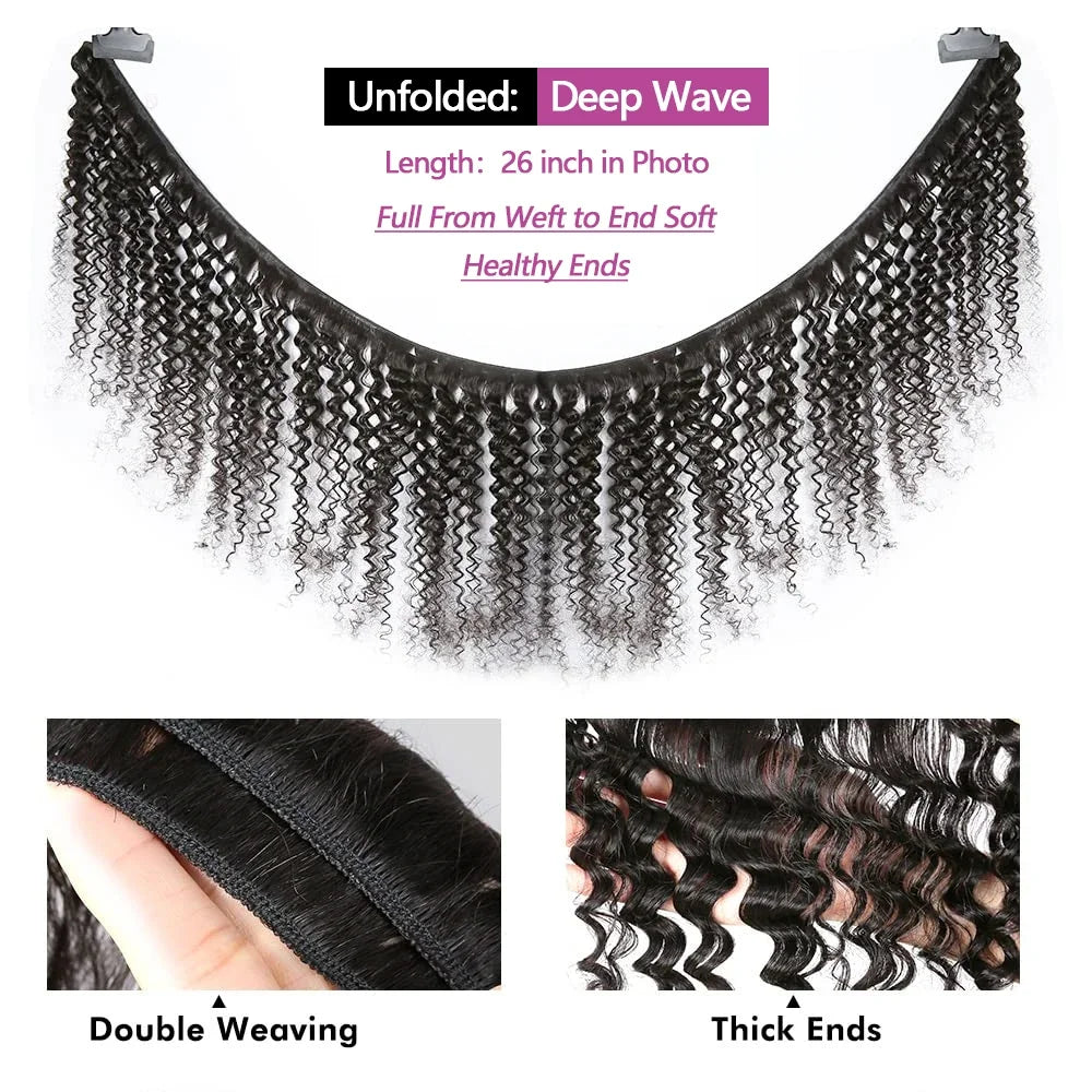 Queenlike 24 26 28 Inch Deep Wave Human Hair Bundles | Brazilian Remy Hair Extensions | Deep Curly Weave Luxegan