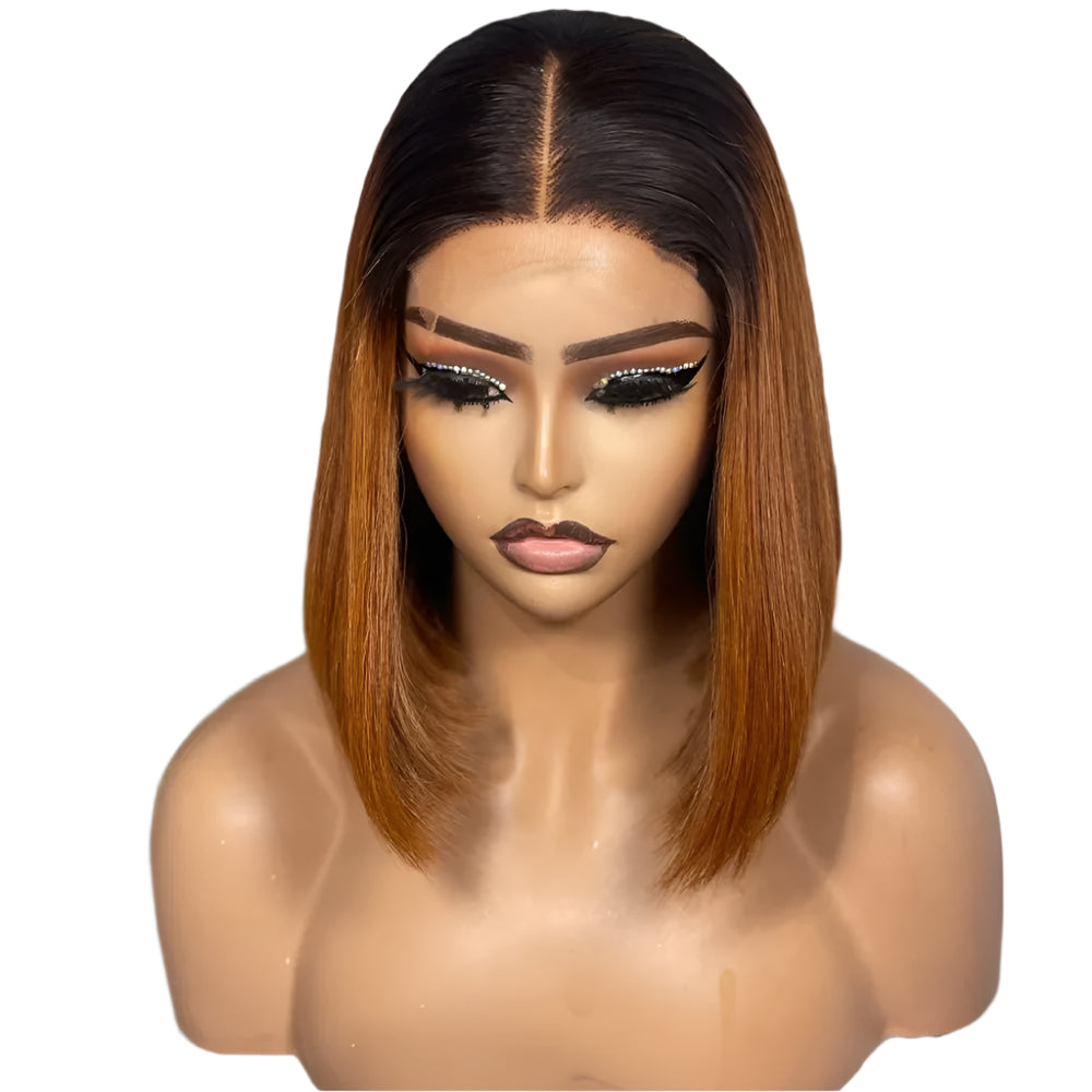 250% Density Ombre 1B/Orange Bone Straight Bob Wig | 13x4 Transparent Lace Front Human Hair (Glueless, Ready-to-Wear) Luxegan