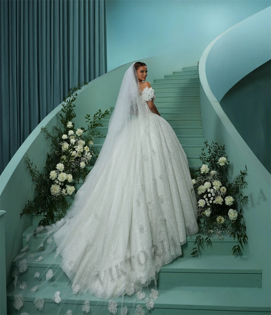 Exquisite Glitter Princess Bridal Ball Gown | Elegant Off-the-Shoulder Sweetheart Silhouette | Custom Made 3D Flowers & Pleated Tulle Wedding Dress | Royal Lace-Up Vestidos De Novias with Sweep Train Luxegan