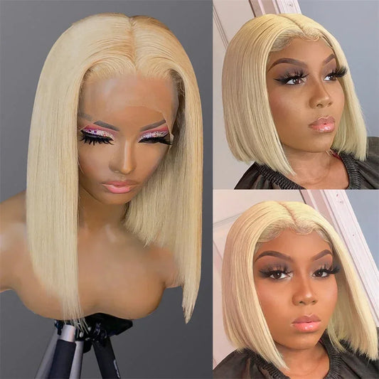 613 Blonde Bone Straight Short Bob Lace Front Wig | 13x4 Transparent Swiss Lace Frontal Wig | 100% Brazilian Remy Human Hair Platinum Blonde Straight Frontal Wig for Women (Short 4-16 Inch) Luxegan