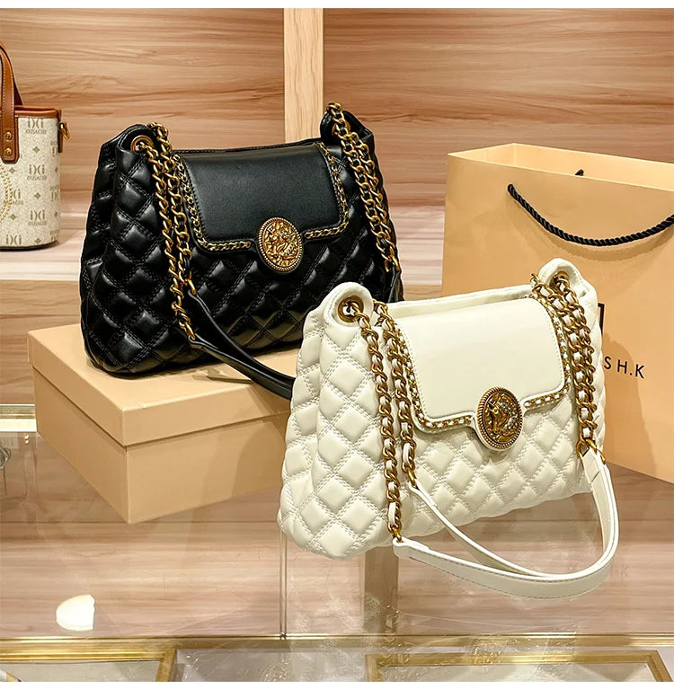 Luxury Genuine Leather Chain Shoulder Bag for Women | New Designer Large Capacity Underarm Handbag (Diamond Lattice) Luxegan