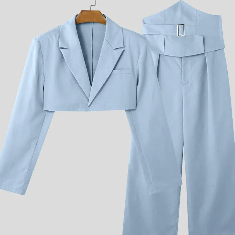 Cropped Waistband Design Suit Set | Sophisticated Wide-Leg Long Pant Silhouette | Elegant "Full Opening" 2-Piece Ensemble | "Dignified" Vintage Solid Suit for Radiant Versatile Styling Luxegan