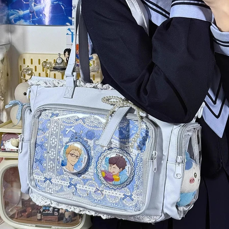 Italife New Women Cute Lace Ita Bag with Pearl Bow | Kawaii Large Tote with Insert for Pin Display | Comic Con Big Handbag Luxegan