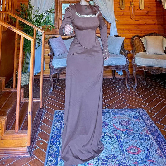 Crystal Draped A-Line Prom Dress | High-Neck Full Sleeve Floor-Length Evening Gown Luxegan