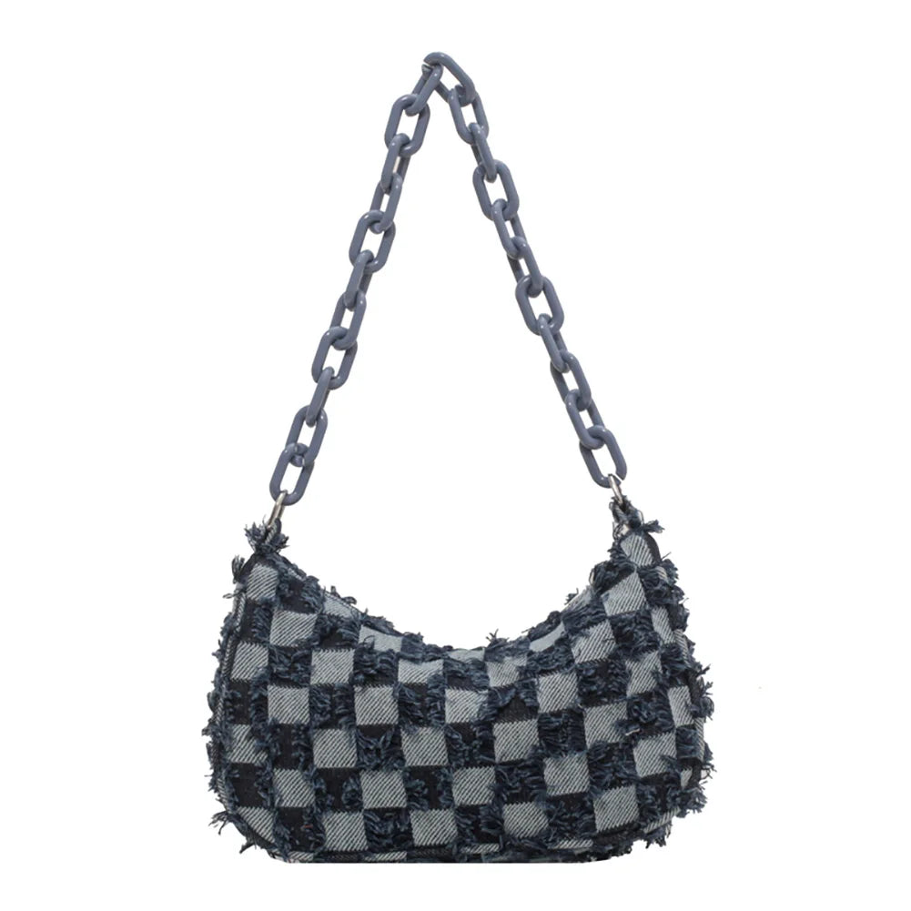 Vintage Women's Casual Shoulder & Underarm Bag | Plaid Pattern Denim Small Purse (Ladies Chain Leisure Handbag, Hobo Style) Luxegan