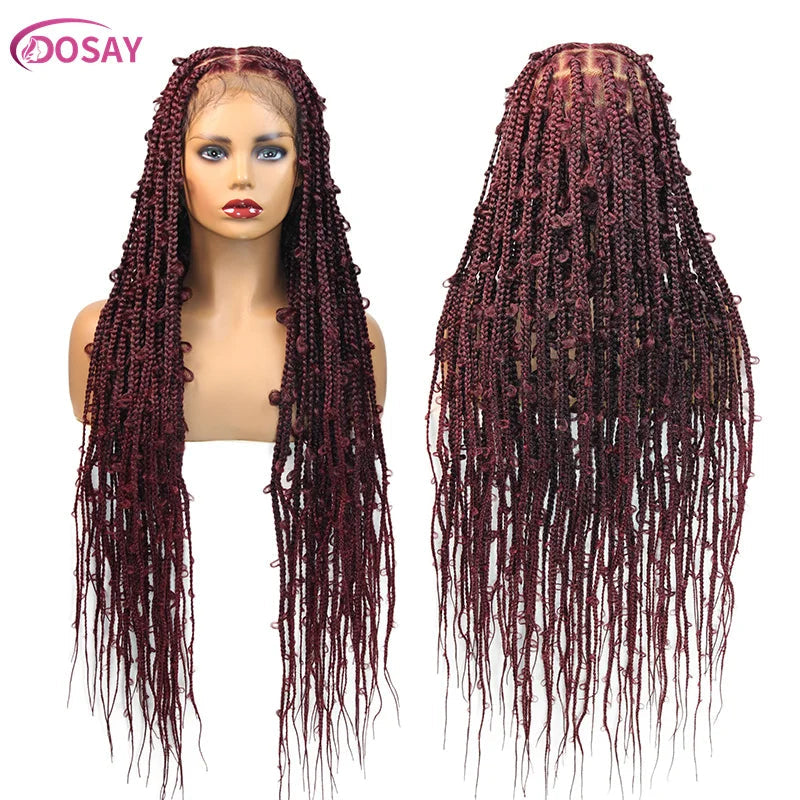 36" Butterfly Braided Full Lace Wig | Honey Blonde & Burgundy Goddess Locs | Synthetic Box Braids | Transparent Lace Luxegan