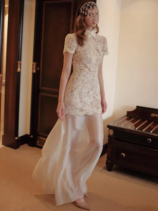 Lapel Lace Hollow Out Gauze Patchwork Short Sleeve Maxi Dress | Elegant A-Line Evening Party Dress Luxegan