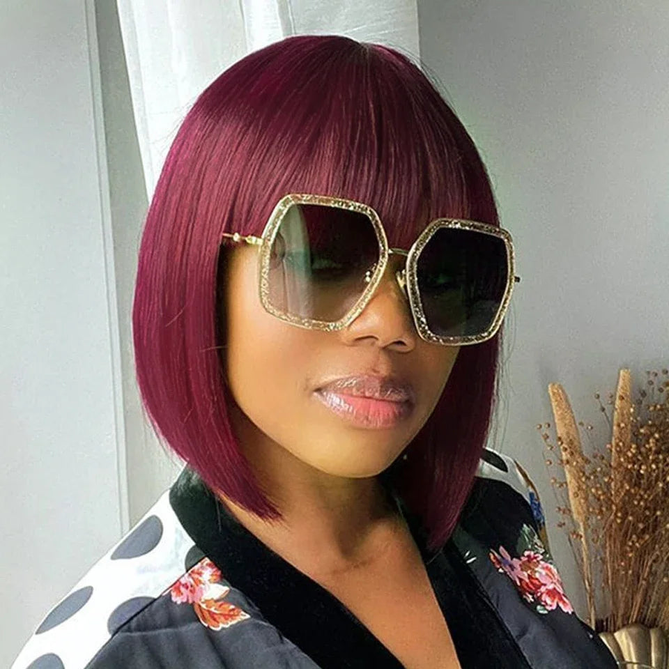 Rebecca Orange Blonde & 99J Red Straight Bob Wig with Bangs | Human Hair Machine Made Luxegan