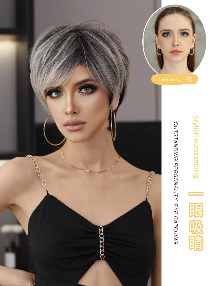 European & American Short Platinum Highlight Black Wig | Full Head Cover Artificial Human Hair Wig for Women (Natural Hairstyle with Oblique Bangs) Luxegan