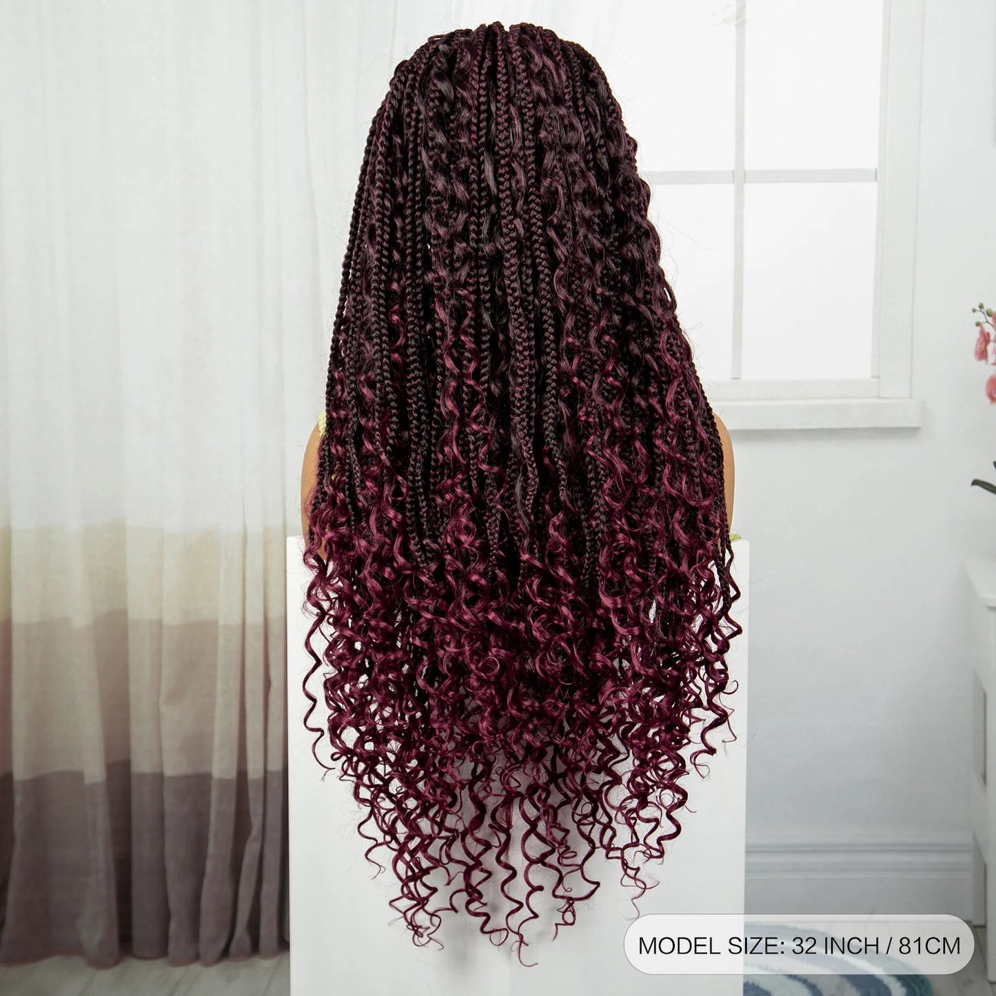 Burgundy Boho Knotless Braids Wig | Curly Ends | Lace Front | Baby Hair Luxegan