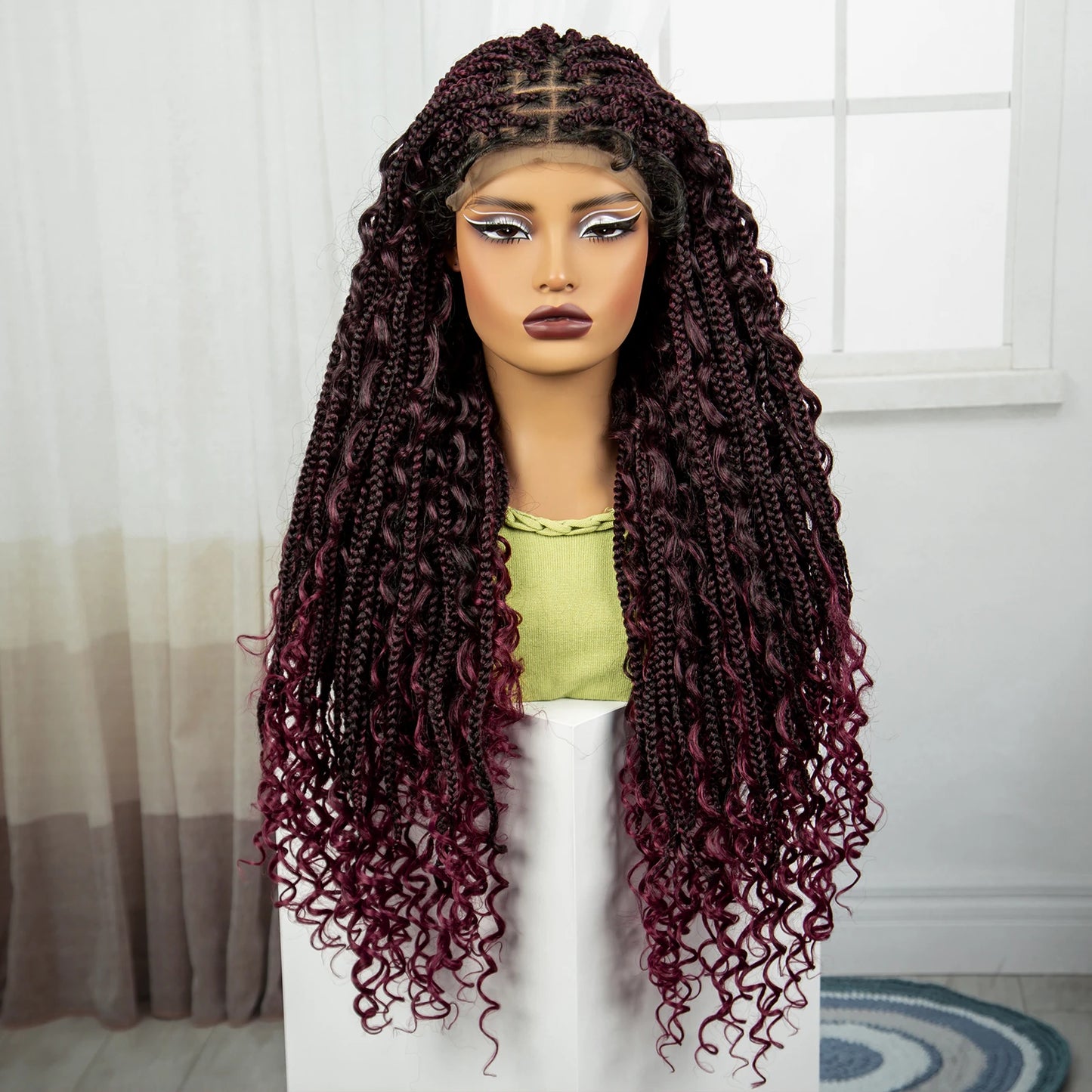 Burgundy Boho Knotless Braids Wig | Curly Ends | Lace Front | Baby Hair Luxegan